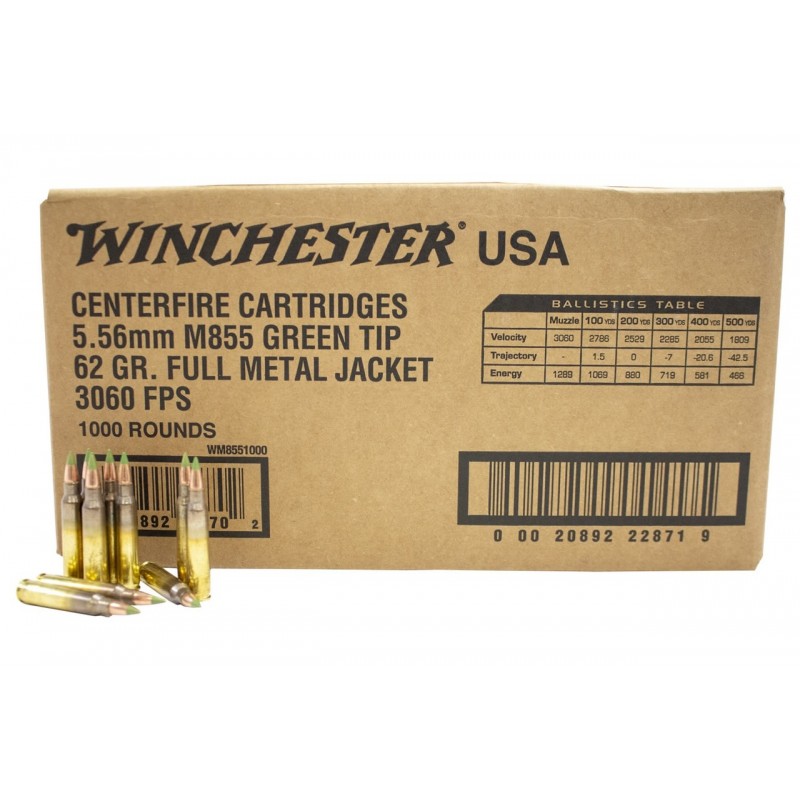 Winchester USA 5.56mm Nato 62 gr FMJ Green Tip 1000 balles Winchester Ammunition Winchester